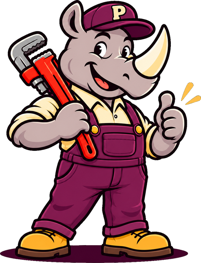 The Plumbino rhino mascot with a pipe wrench